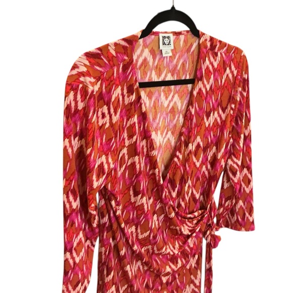 Anne Klein XL Ikat Print Faux Wrap Top Pink Orange Red 3/4 Sleeve Work - Picture 8 of 8